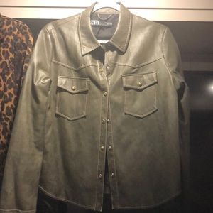 A green vegan shirt jacket